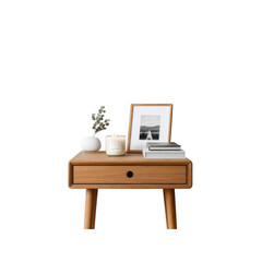 Serene Minimalist Bedroom Side Table Still Life with Candle, Vase, and Photo Frame