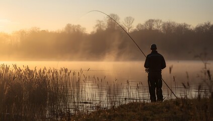 Early morning lake fishing with tranquil nature view