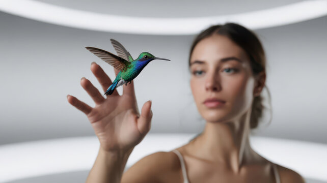 A womans outstretched hand with a small, colorful hummingbird perched on her finger, symbolizing nature and technology in harmony