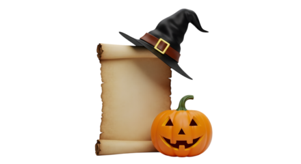 A witch hat rests on a parchment scroll next to a carved pumpkin, isolated on transparent background