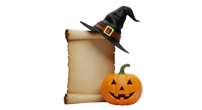 A witch hat rests on a parchment scroll next to a carved pumpkin, isolated on transparent background