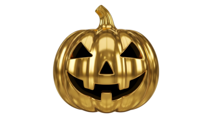 A shiny golden jackolantern with a carved face, isolated on transparent background