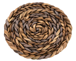 Circular woven mat of brown and gray toned fibers