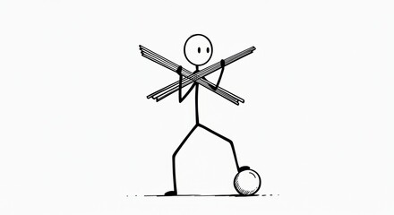 Stick Figure Balancing Burden, Symbolic Struggle, Conceptual Illustration, Black and White.