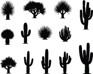 Collection of Cactus and Desert Tree Silhouettes, Vector Icons for Botanical, Tropical, Arid Landscape, Garden Design, Nature, and Wildlife Illustration Projects