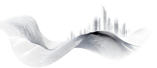 Abstract cityscape design with flowing lines and grayscale tones.