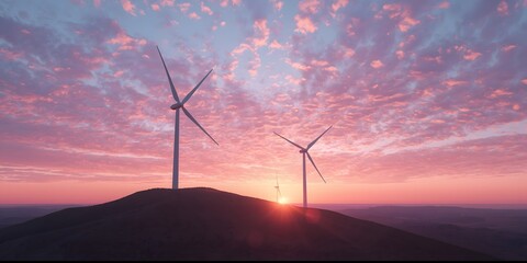 Clean energy wind farm in pastel pink and purple sky