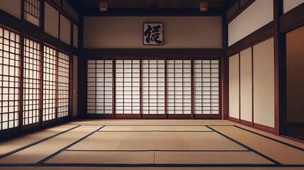 Obraz premium Tranquil japanese dojo setting with traditional shoji screens and tatami mat