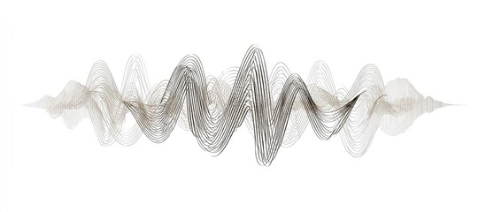 Abstract design featuring layered, wavy lines in varying shades of gray and white, creating a dynamic and textured visual effect against a plain white background.