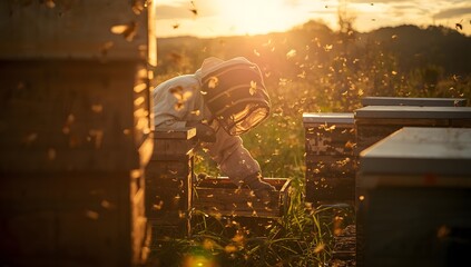 Beekeeper in protective suit working among wooden hives in the sun, bees flying around. Honey production and rural life.