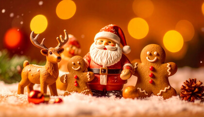 Santa with snowman and reindeer toys. Christmas decor with Santa and reindeer. Holiday cheer with Santa, gingerbread. Santa and animals in Christmas setting. Joyful Christmas with Santa and reindeer