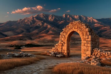 Ancient stone archway with mountain background high resolution picture