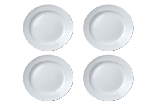Four white round plates arranged in a grid.  A thin dark band rims each plate