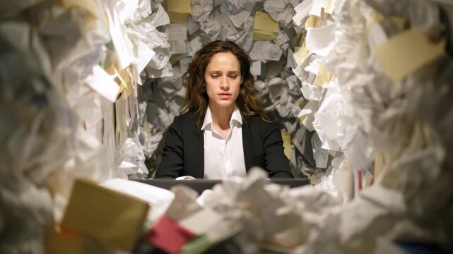 Overwhelmed businesswoman surrounded by piles of paperwork in office cubicle