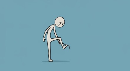 Sad Stick Figure Tying Shoelace on Light Blue Background