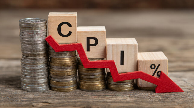 Decreasing Consumer Price Index (CPI) Concept with Coins and a Red Downward Arrow