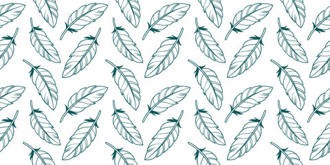 Seamless feather pattern in teal green outline on white background, perfect for  textile, wallpaper, wrapping paper, nature inspired design, and stylish surface prints. © redoan