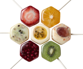 Honeycomb pattern of fruit-flavored lollipops on sticks