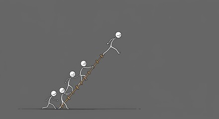 Burdened Stick Figures Support Ladder for One Climbing to the Top
