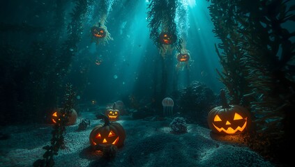 Underwater Halloween pumpkins in mysterious ocean atmosphere
