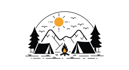 camping scene with tents fire mountains and flying birds