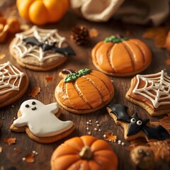 Holiday cookies in the shape of pumpkins, spider webs and ghosts on a wooden table. Warm autumn atmosphere, sweets for Halloween.