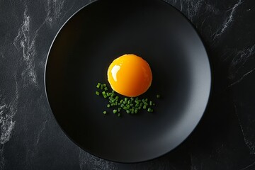Vibrant egg yolk and chives on black plate