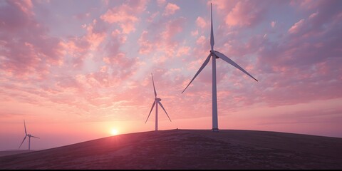 Wind turbines on a hill at colorful sunset sky, renewable energy background
