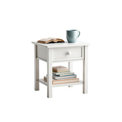 White Wooden Nightstand with Books and Mug - Cozy Bedroom Furniture
