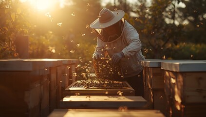 Traditional Beekeeping with Wooden Hives in Countryside

