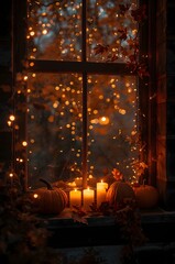 Cozy autumn window with candles and garlands.