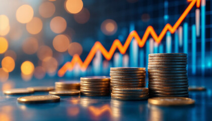 Stacks of coins with upward-trending financial chart against bokeh lights