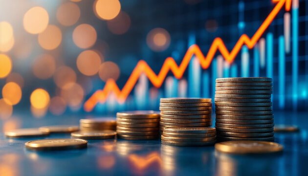 Stacks of coins with upward-trending financial chart against bokeh lights