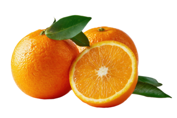 Two whole oranges and one sliced orange, vibrant orange hue, fresh leaves
