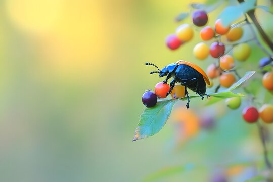 Vibrant Beetle on Colorful Berries Closeup Macro Photography - Powered by Adobe