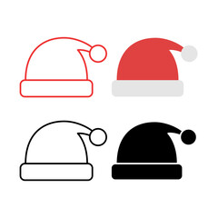 Four stylized santa hats in red white and black outlines
