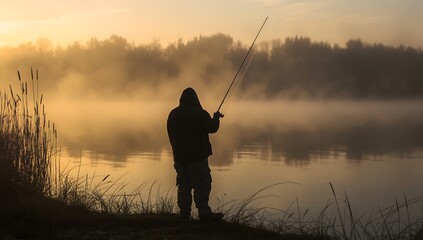 Fisherman silhouette at dawn on calm misty river
