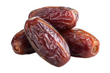 Close-up of three dried dates.  Dark-reddish-brown, oval-shaped fruits, glossy, textured skin.  Stacked slightly, isolated against black