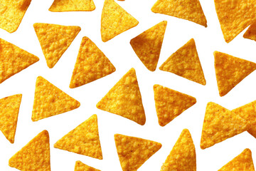 Close-up of many triangular tortilla chips, scattered on a black background.  The chips are a golden-orange color with a slightly rough texture.  A thin, bright-yellow border outlines each chip