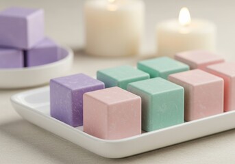 Colorful soaps on white plate.