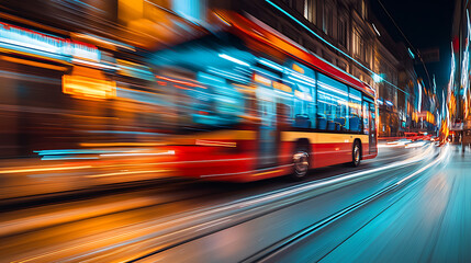 Blurred Motion of a Tram in an Illuminated Urban Street at Night
