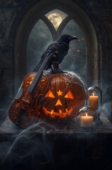 Gothic raven on a pumpkin for Halloween with candles.