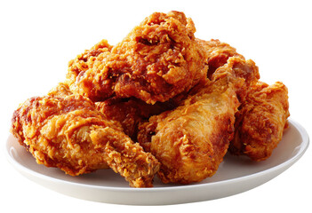 Crispy fried chicken pieces piled high on a white plate (1)