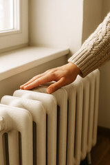 Close-up of a hand in a knitted sweater touching a white cast iron radiator at home, checking the warmth during winter.