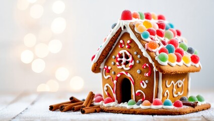 New Year gingerbread house with cinnamon on wood. Copy space