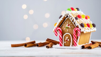 New Year gingerbread house with cinnamon on wood. Copy space