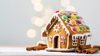 New Year gingerbread house with cinnamon on wood. Copy space
