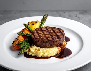 Elegant fine dining dish: filet mignon on mashed potatoes with roasted vegetables, rich sauce, and minimal gray background, studio-lit.