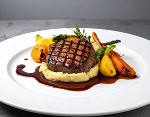 Elegant fine dining dish: filet mignon on mashed potatoes with roasted vegetables, rich sauce, and minimal gray background, studio-lit.