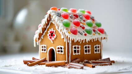New Year gingerbread house with cinnamon on wood. Copy space